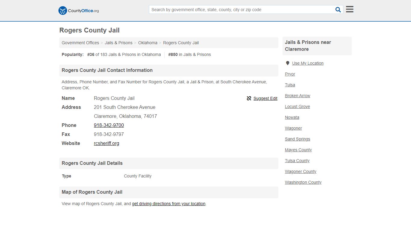 Rogers County Jail - Claremore, OK (Address, Phone, and Fax)