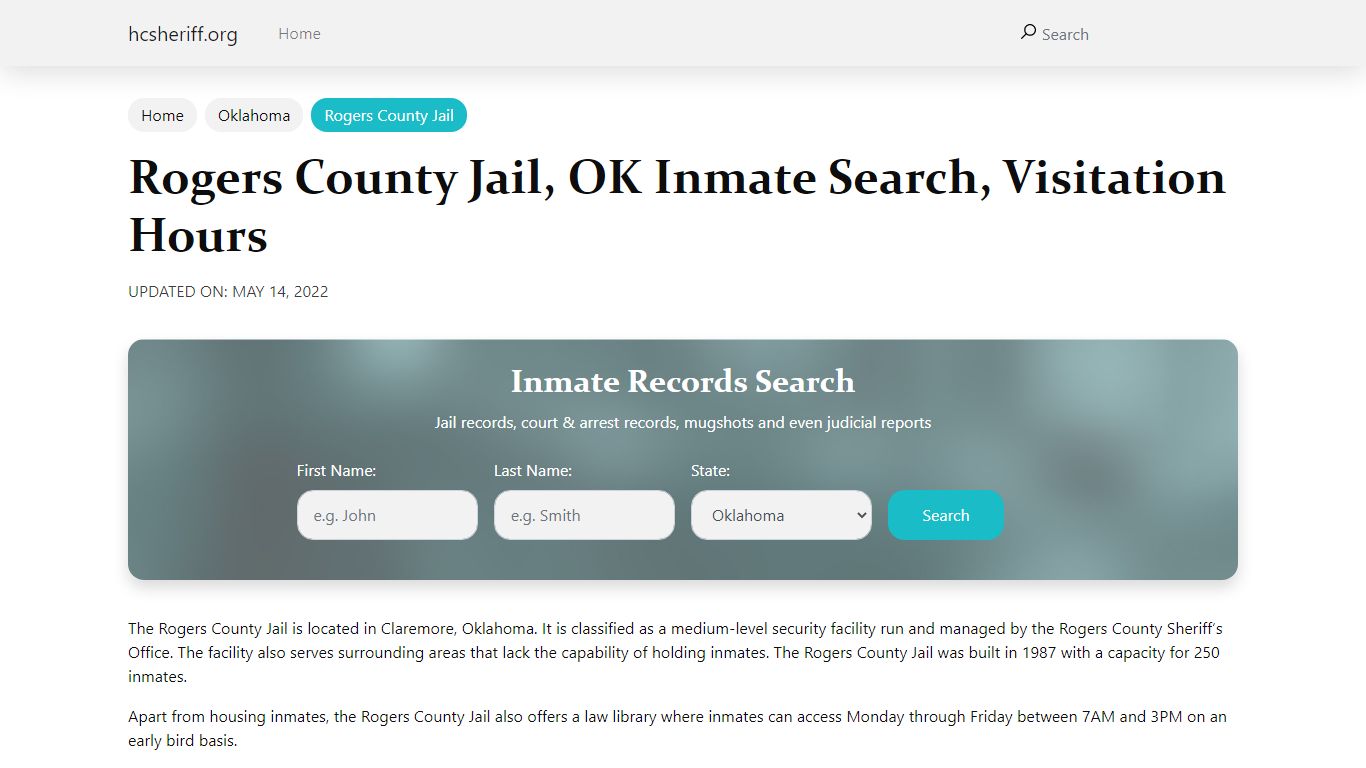 Rogers County Jail, OK Inmate Search, Visitation Hours